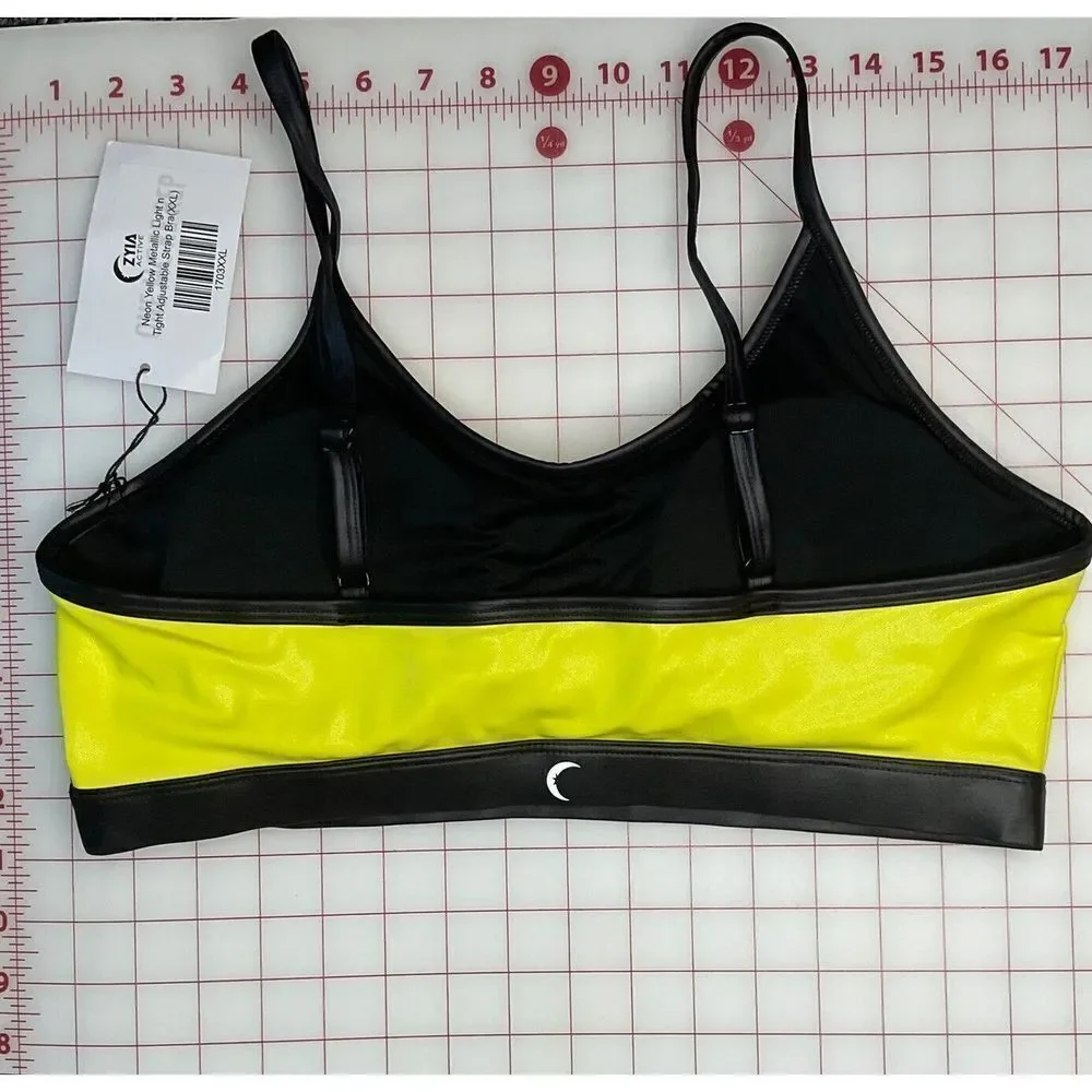 Zyia Active Sports Bra XXL Neon Yellow Metallic Light N Tight Adjustable Strap**